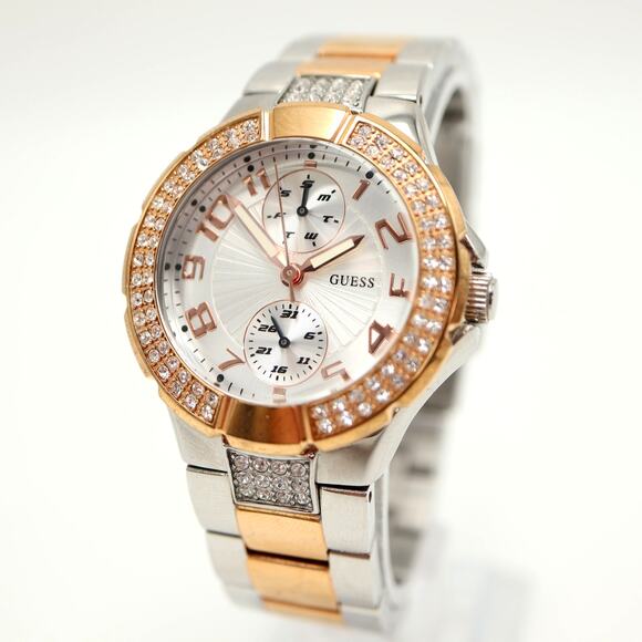 Guess Mini Prism Two Tone Rose Gold Day Date 35mm Watch Gem Set w New Battery - Picture 1 of 13